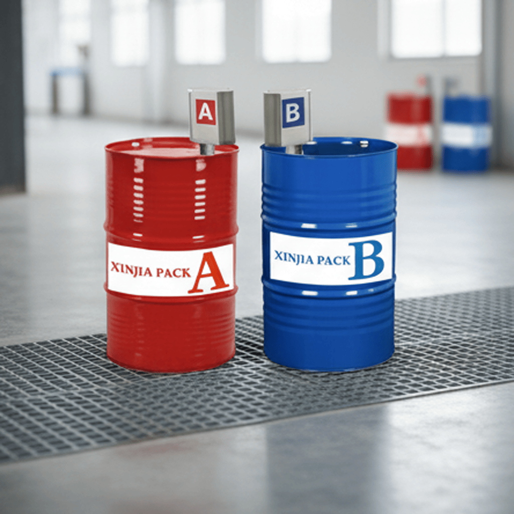 Part A and B components for foam system, industrial chemical containers, precise measurement tools, laboratory setting