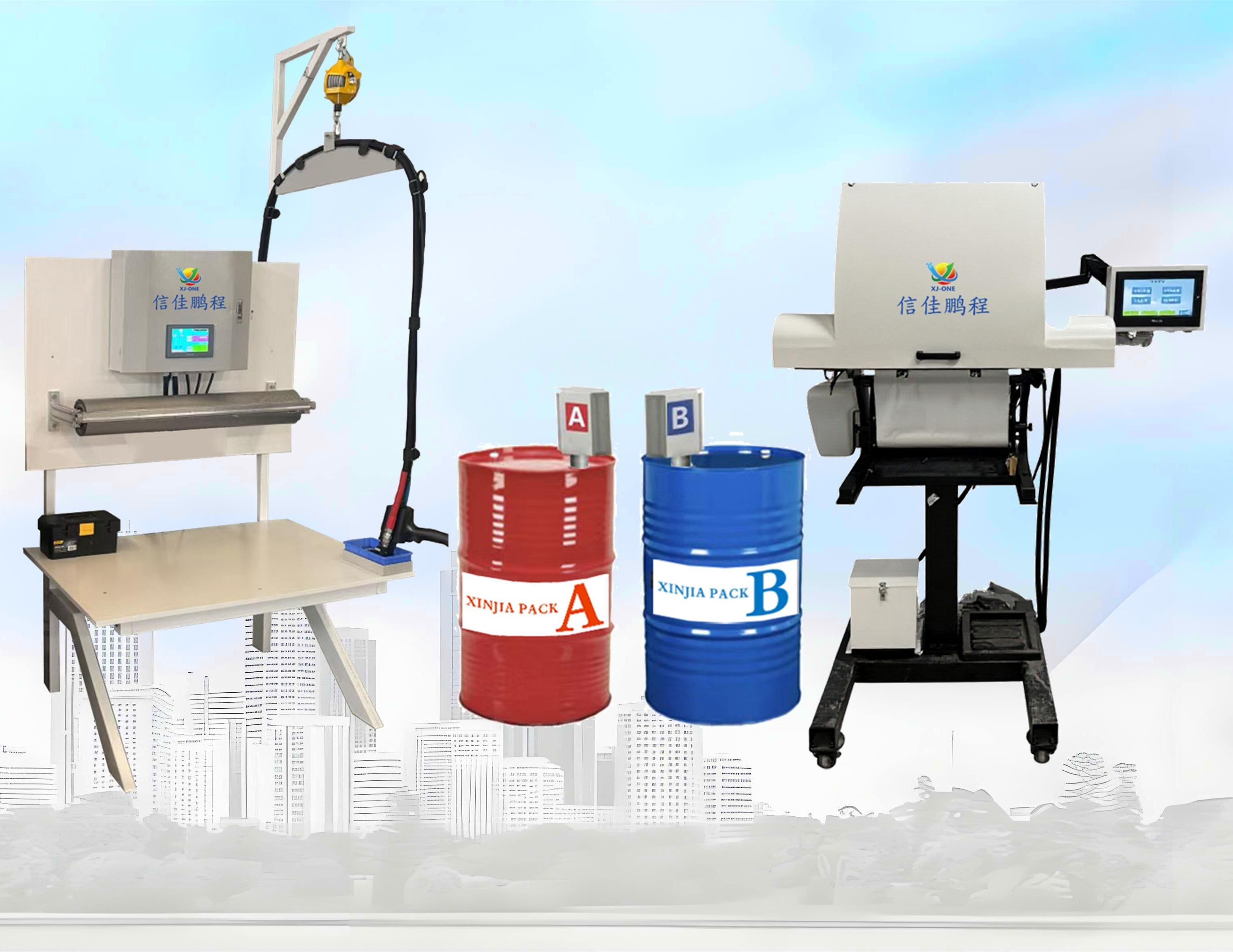 Industrial foam packaging equipment machine, silver metal casing, modern production line, factory workshop environment, bright lighting